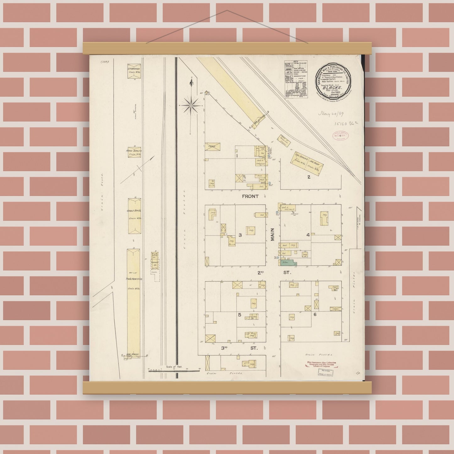 Old map wall art mockup — magnetic wood frame on brick wall — Sanborn Fire Insurance Map from Blacks, Yolo County, California (1889), Sheet #0001