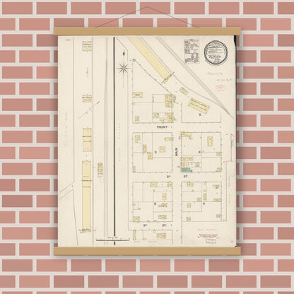 Old map wall art mockup — magnetic wood frame on brick wall — Sanborn Fire Insurance Map from Blacks, Yolo County, California (1889), Sheet #0001