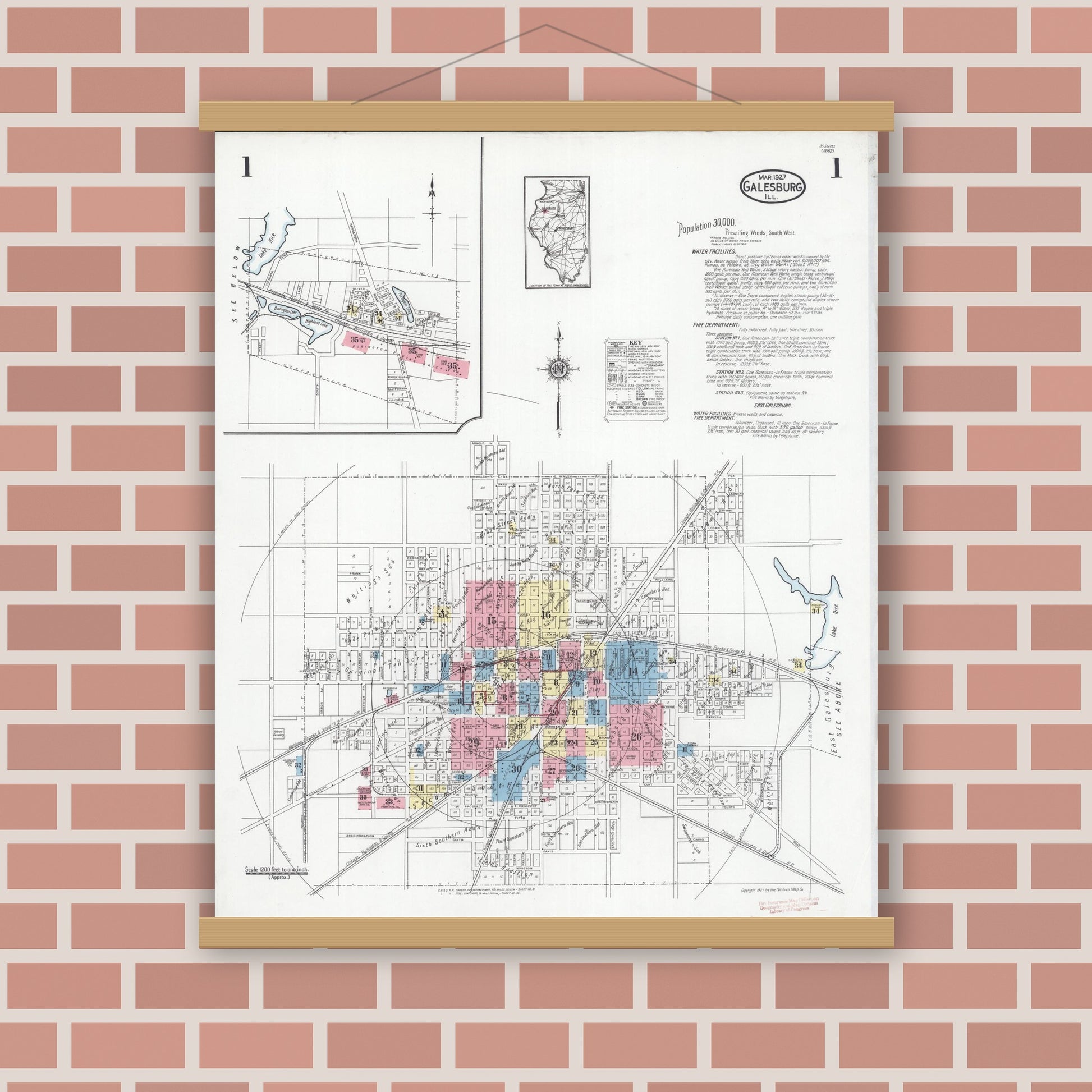 Old map wall art mockup — magnetic wood frame on brick wall — Sanborn Fire Insurance Map from Galesburg, Knox County, Illinois (1927), Sheet #0001