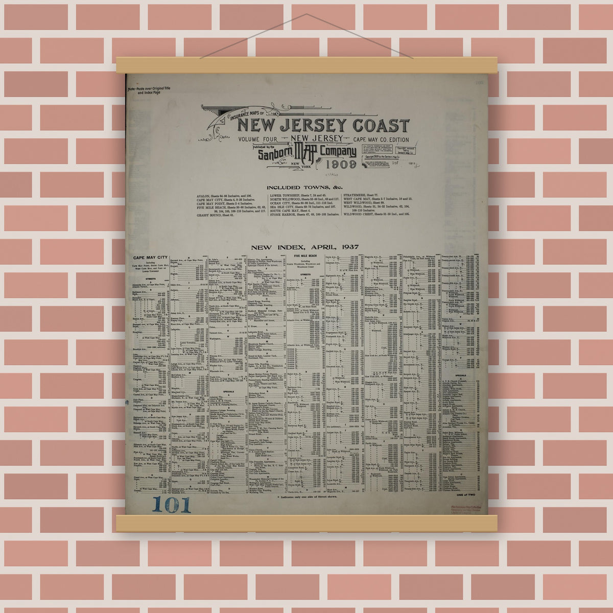Old map wall art mockup — magnetic wood frame on brick wall — Sanborn Fire Insurance Map from New Jersey Coast, New Jersey Coast, New Jersey (1945), Sheet #0001