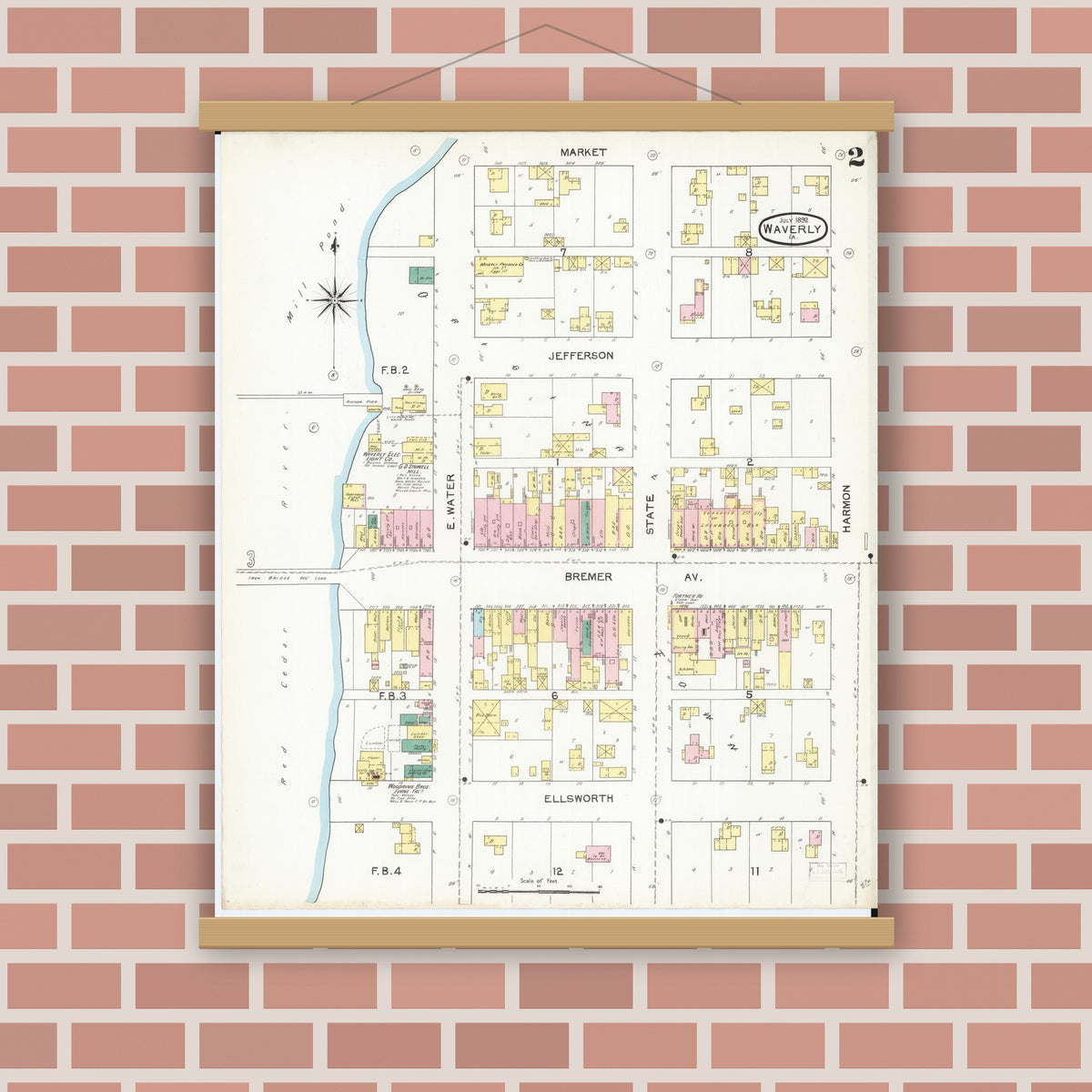 Old map wall art mockup — magnetic wood frame on brick wall — Sanborn Fire Insurance Map from Waverly, Bremer County, Iowa (1892), Sheet #0002