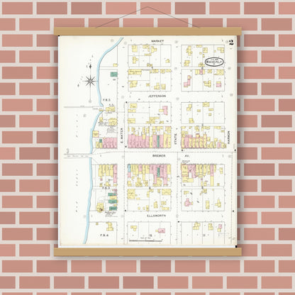 Old map wall art mockup — magnetic wood frame on brick wall — Sanborn Fire Insurance Map from Waverly, Bremer County, Iowa (1892), Sheet #0002