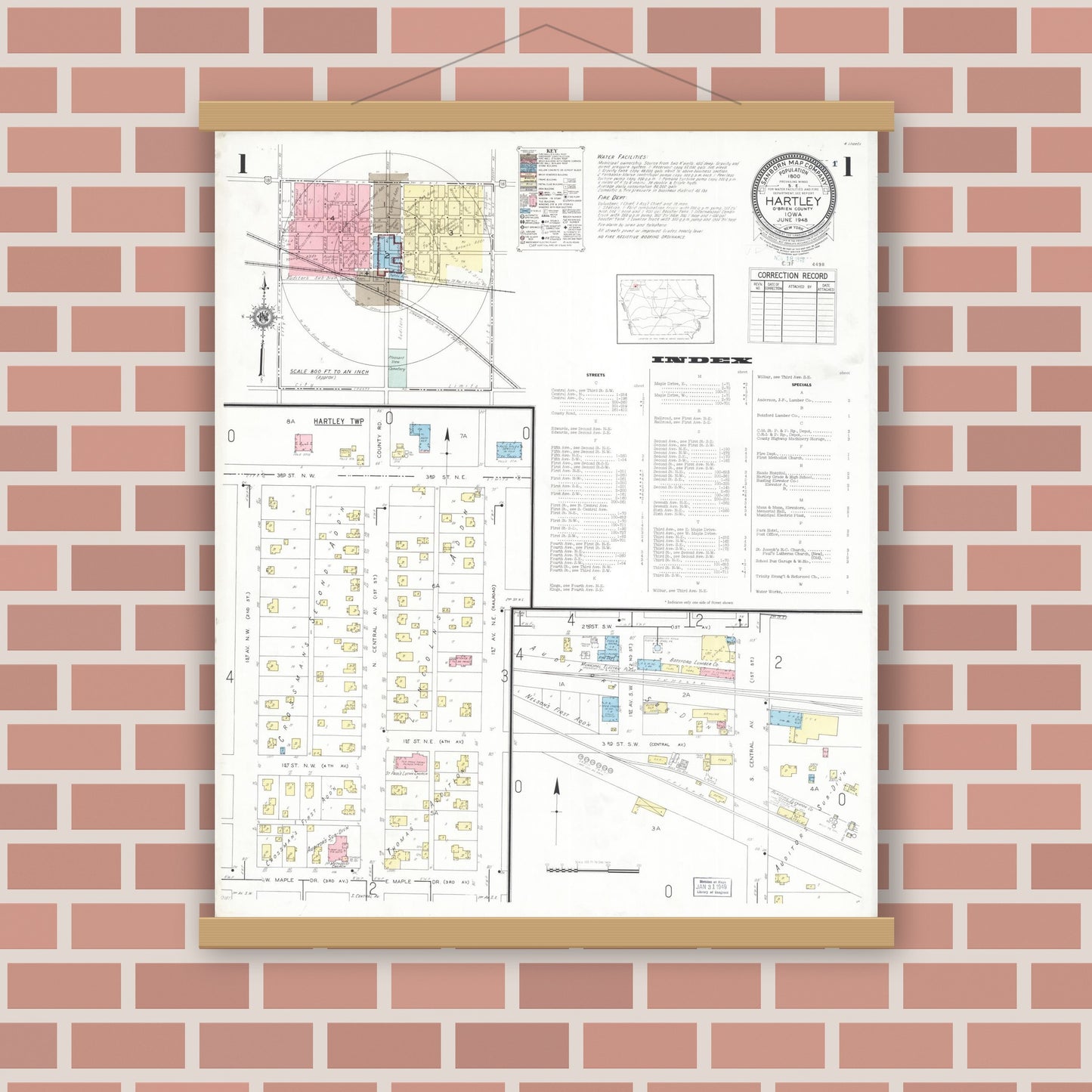 Old map wall art mockup — magnetic wood frame on brick wall — Sanborn Fire Insurance Map from Hartley, O'Brien County, Iowa (1948) â€” Complete Set