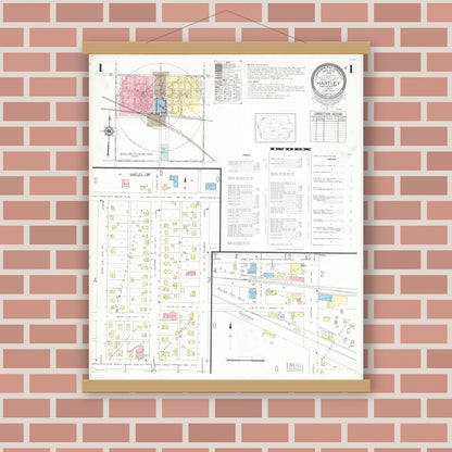 Old map wall art mockup — magnetic wood frame on brick wall — Sanborn Fire Insurance Map from Hartley, O'Brien County, Iowa (1948) â€” Complete Set