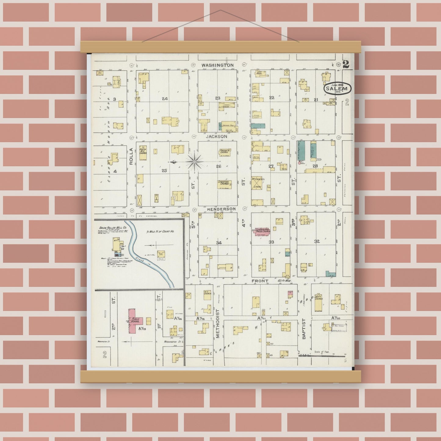 Old map wall art mockup — magnetic wood frame on brick wall — Sanborn Fire Insurance Map from Salem, Dent County, Missouri (1893), Sheet #0002
