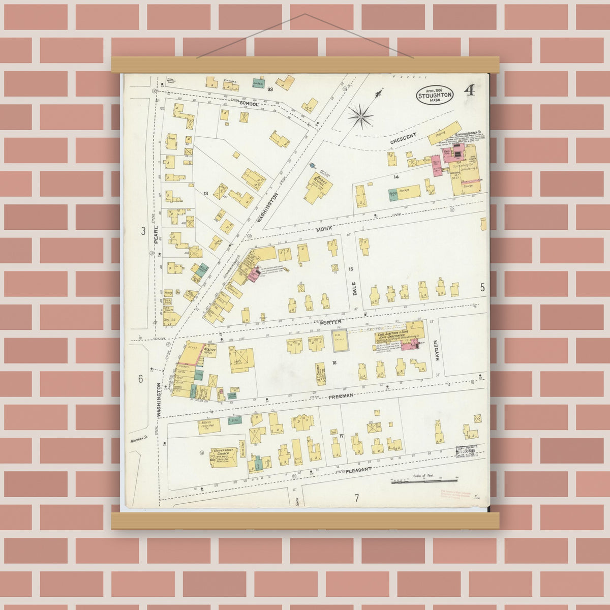 Old map wall art mockup — magnetic wood frame on brick wall — Sanborn Fire Insurance Map from Stoughton, Norfolk County, Massachusetts (1906), Sheet #0004