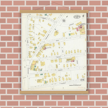Old map wall art mockup — magnetic wood frame on brick wall — Sanborn Fire Insurance Map from Stoughton, Norfolk County, Massachusetts (1906), Sheet #0004