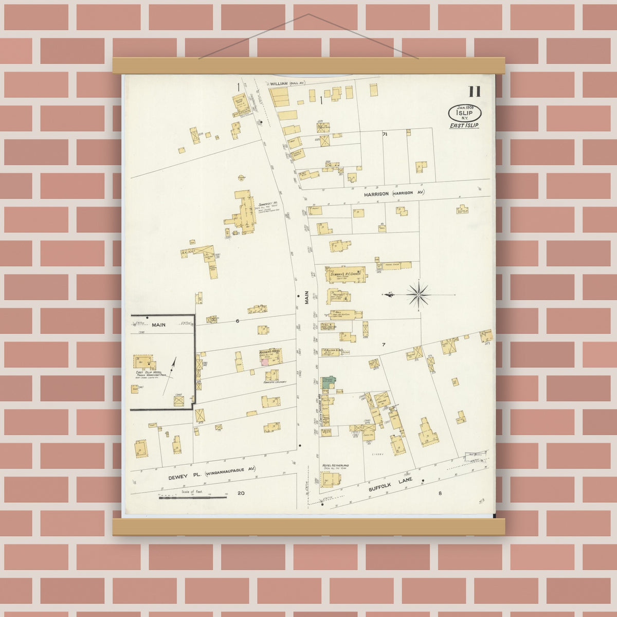 Old map wall art mockup — magnetic wood frame on brick wall — Sanborn Fire Insurance Map from Islip, Suffolk County, New York (1909), Sheet #0011