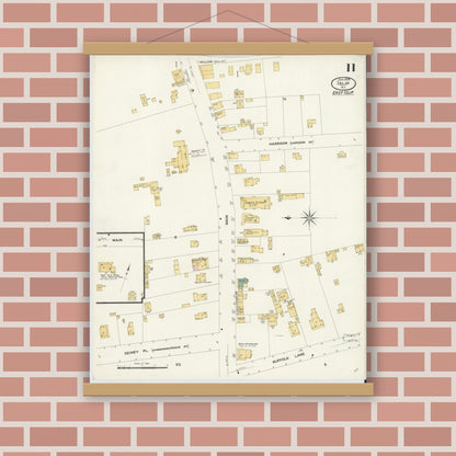 Old map wall art mockup — magnetic wood frame on brick wall — Sanborn Fire Insurance Map from Islip, Suffolk County, New York (1909), Sheet #0011
