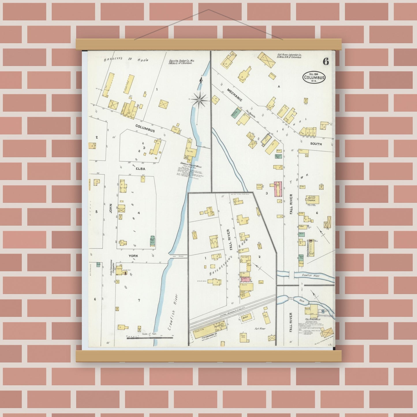 Old map wall art mockup — magnetic wood frame on brick wall — Sanborn Fire Insurance Map from Columbus, Columbia and Dodge County, Wisconsin (1904), Sheet #0006