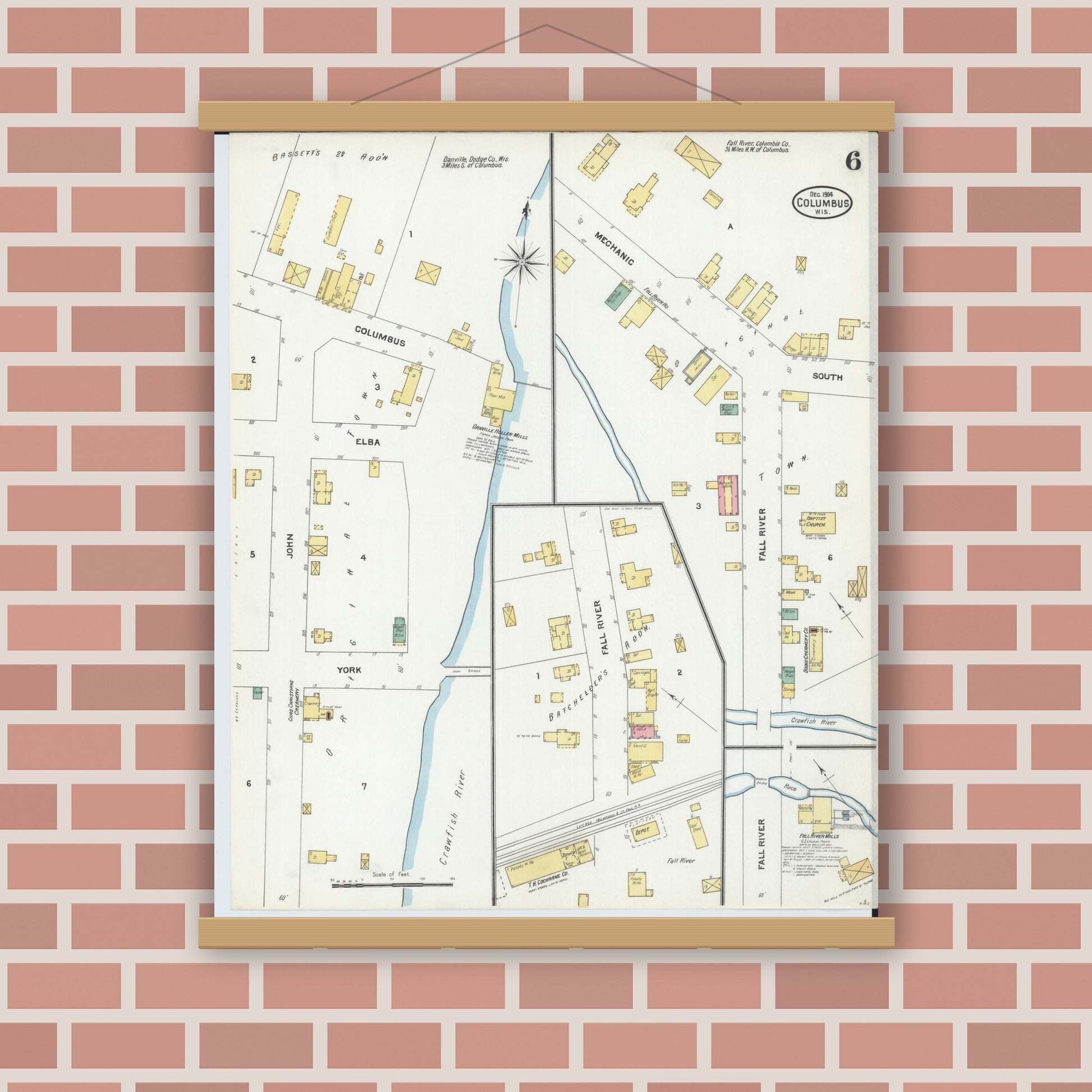 Old map wall art mockup — magnetic wood frame on brick wall — Sanborn Fire Insurance Map from Columbus, Columbia and Dodge County, Wisconsin (1904), Sheet #0006