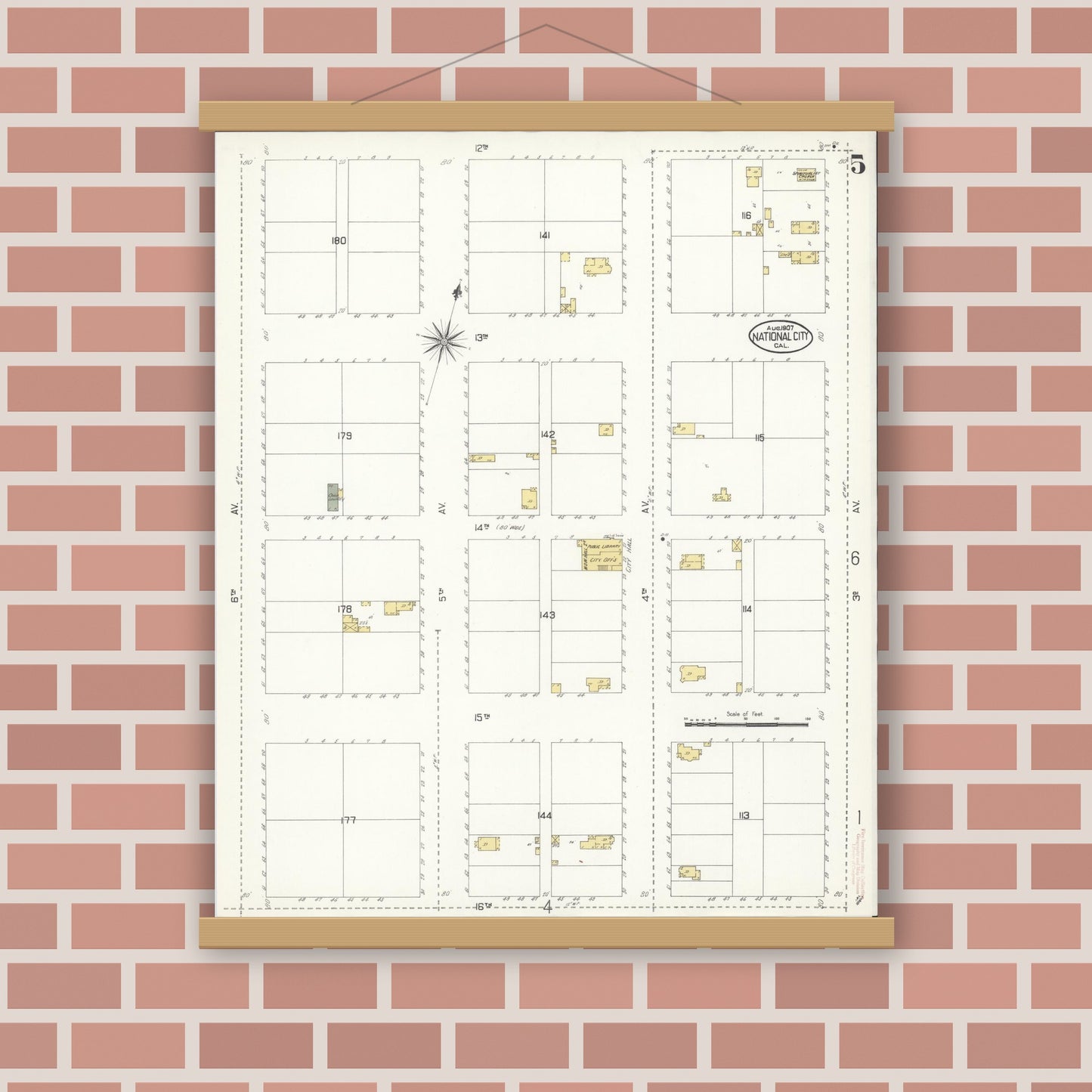 Old map wall art mockup — magnetic wood frame on brick wall — Sanborn Fire Insurance Map from National City, San Diego County, California (1907), Sheet #0005