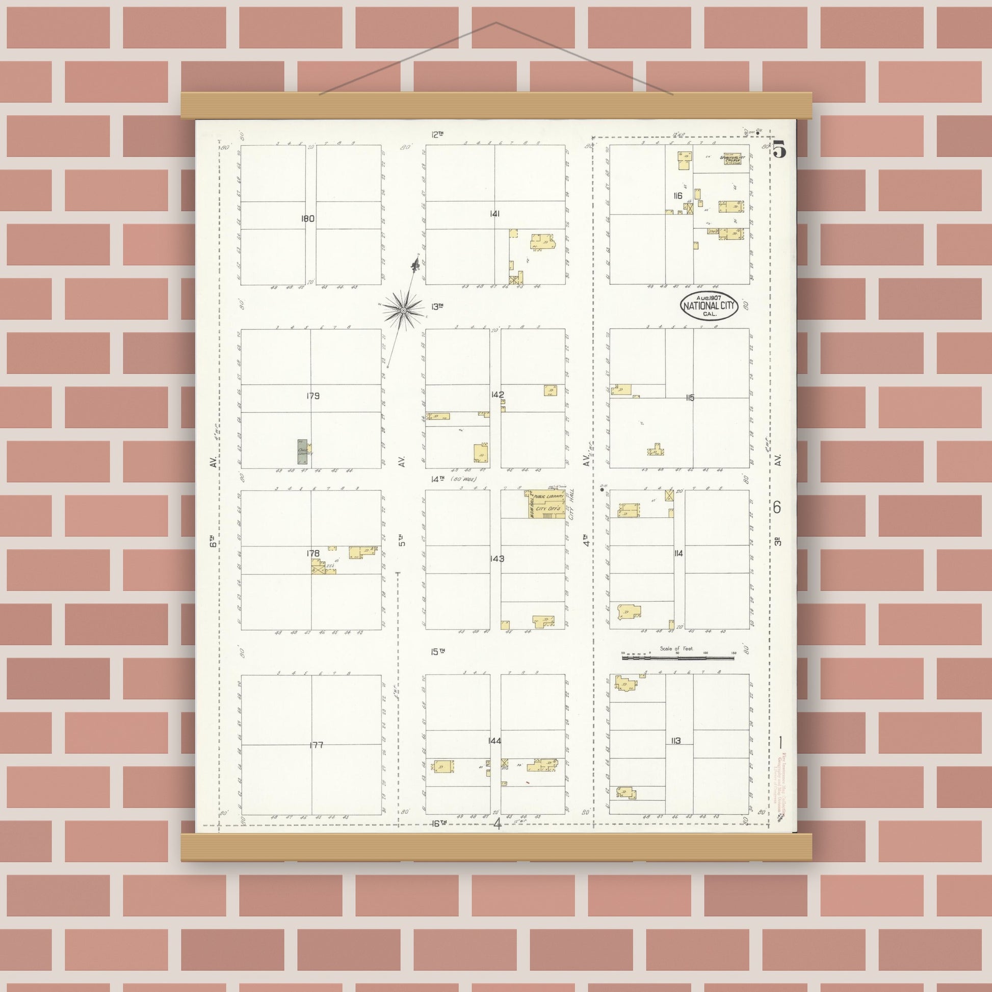 Old map wall art mockup — magnetic wood frame on brick wall — Sanborn Fire Insurance Map from National City, San Diego County, California (1907), Sheet #0005