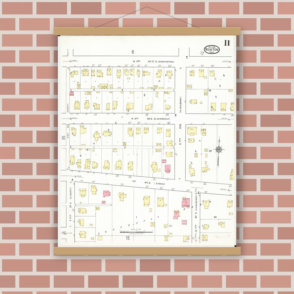Old map wall art mockup — magnetic wood frame on brick wall — Sanborn Fire Insurance Map from Newton, Jasper County, Iowa (1918), Sheet #0011