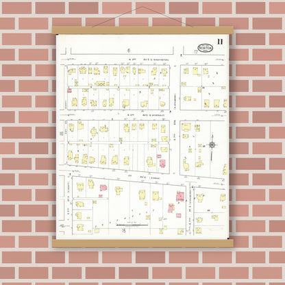 Old map wall art mockup — magnetic wood frame on brick wall — Sanborn Fire Insurance Map from Newton, Jasper County, Iowa (1918), Sheet #0011