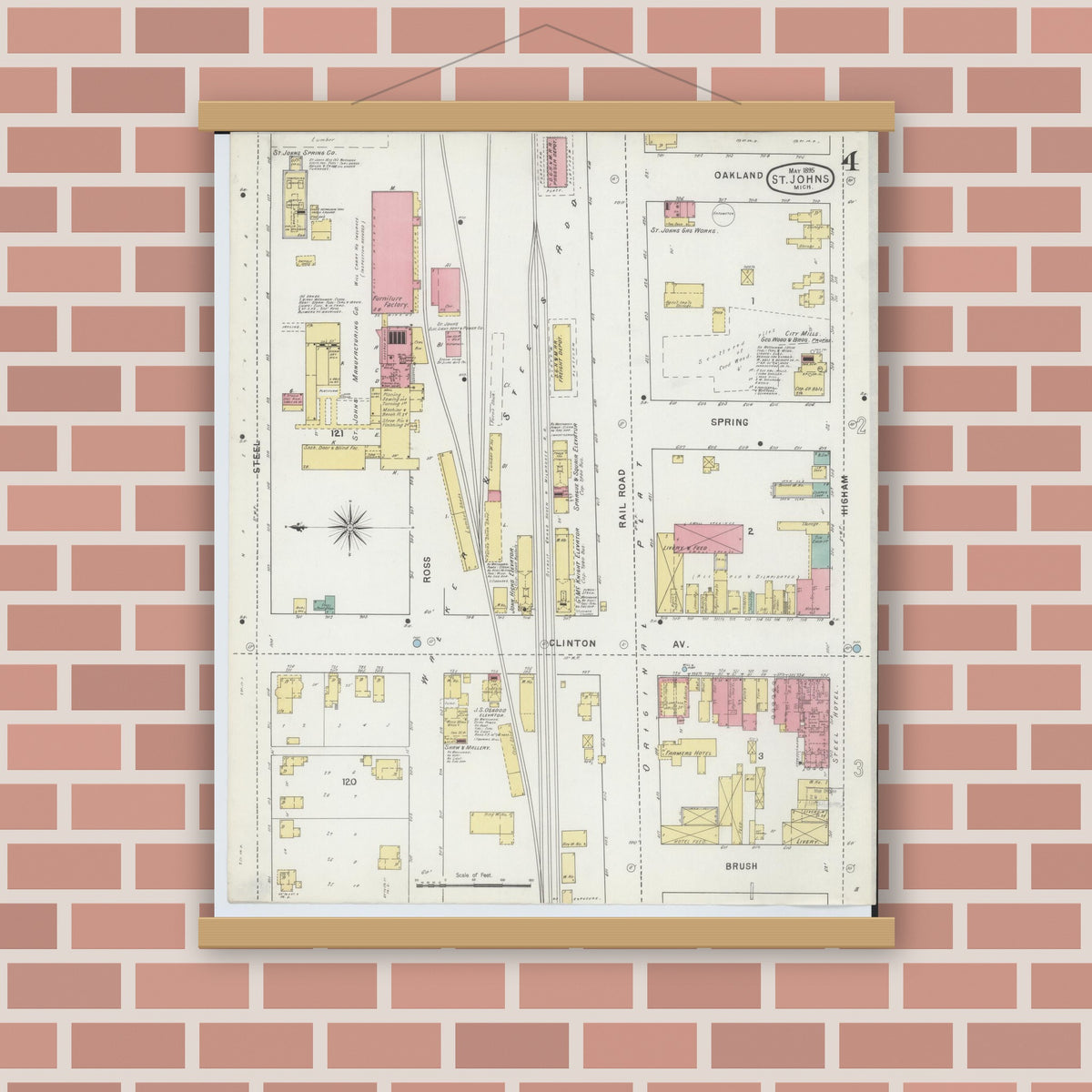 Old map wall art mockup — magnetic wood frame on brick wall — Sanborn Fire Insurance Map from Saint Johns, Clinton County, Michigan (1895), Sheet #0004