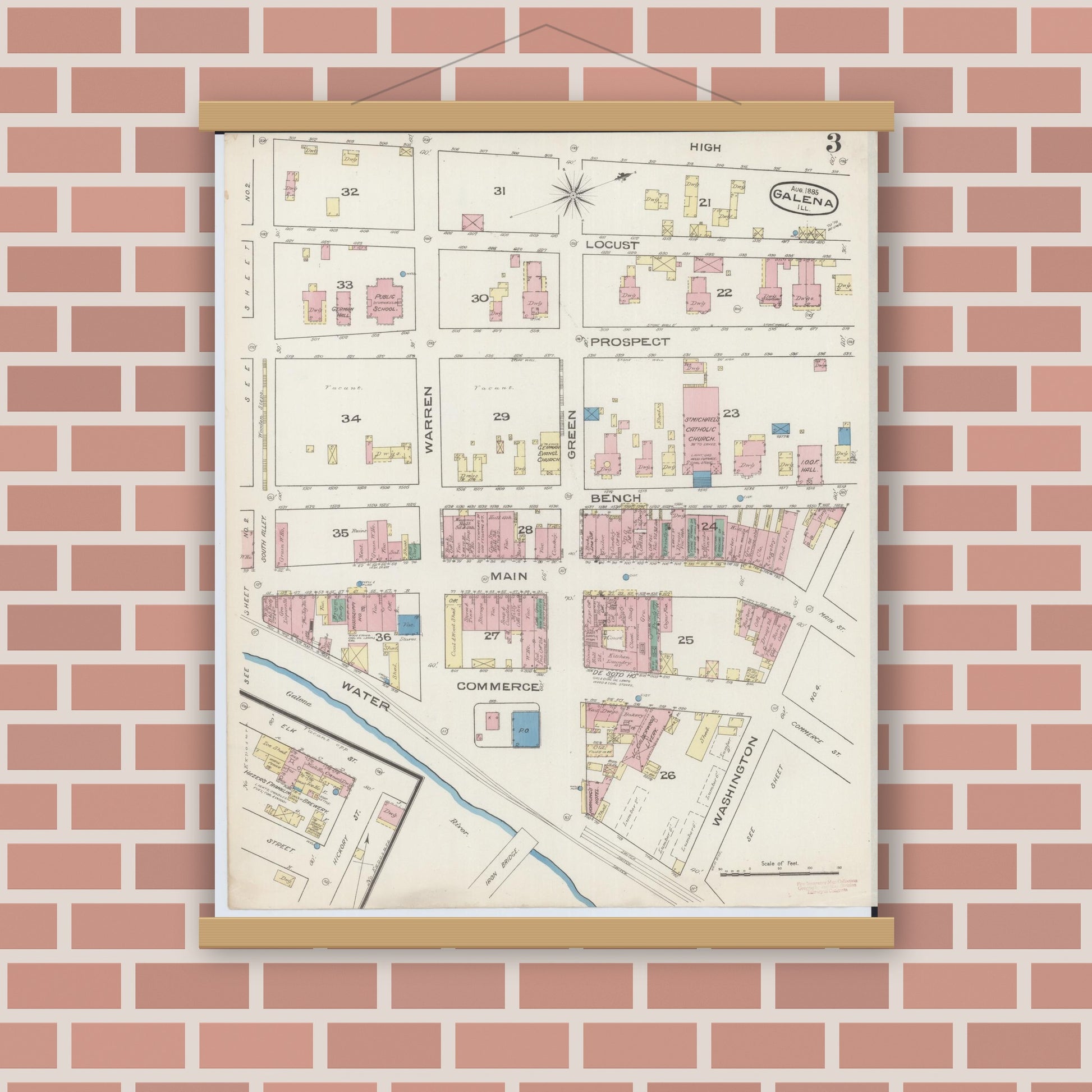 Old map wall art mockup — magnetic wood frame on brick wall — Sanborn Fire Insurance Map from Galena, Jo Daviess County, Illinois (1885), Sheet #0003