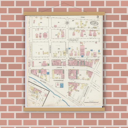 Old map wall art mockup — magnetic wood frame on brick wall — Sanborn Fire Insurance Map from Galena, Jo Daviess County, Illinois (1885), Sheet #0003