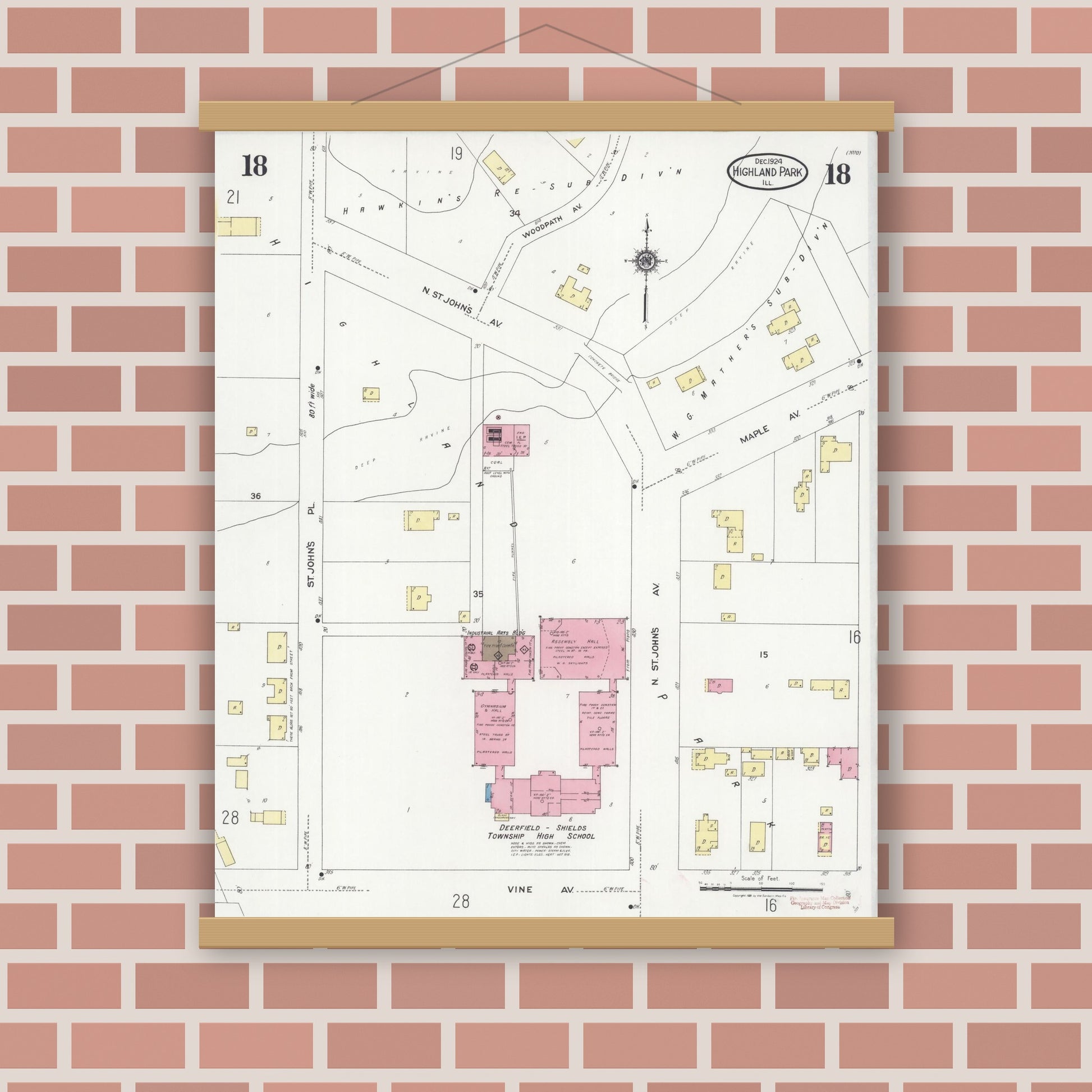 Old map wall art mockup — magnetic wood frame on brick wall — Sanborn Fire Insurance Map from Highland Park, Lake County, Illinois (1924), Sheet #0018