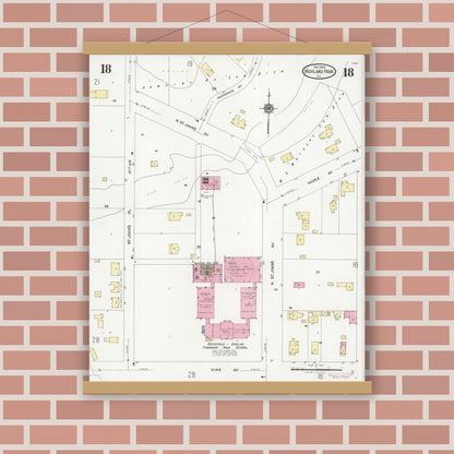 Old map wall art mockup — magnetic wood frame on brick wall — Sanborn Fire Insurance Map from Highland Park, Lake County, Illinois (1924), Sheet #0018
