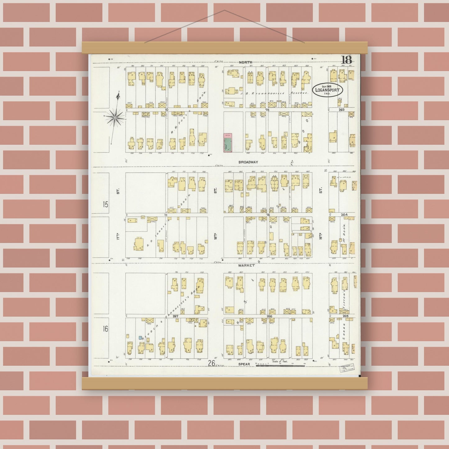 Old map wall art mockup — magnetic wood frame on brick wall — Sanborn Fire Insurance Map from Logansport, Cass County, Indiana (1906), Sheet #0018