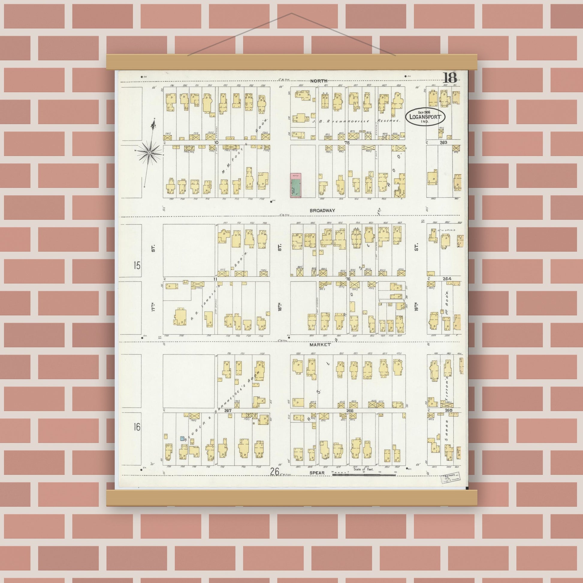 Old map wall art mockup — magnetic wood frame on brick wall — Sanborn Fire Insurance Map from Logansport, Cass County, Indiana (1906), Sheet #0018