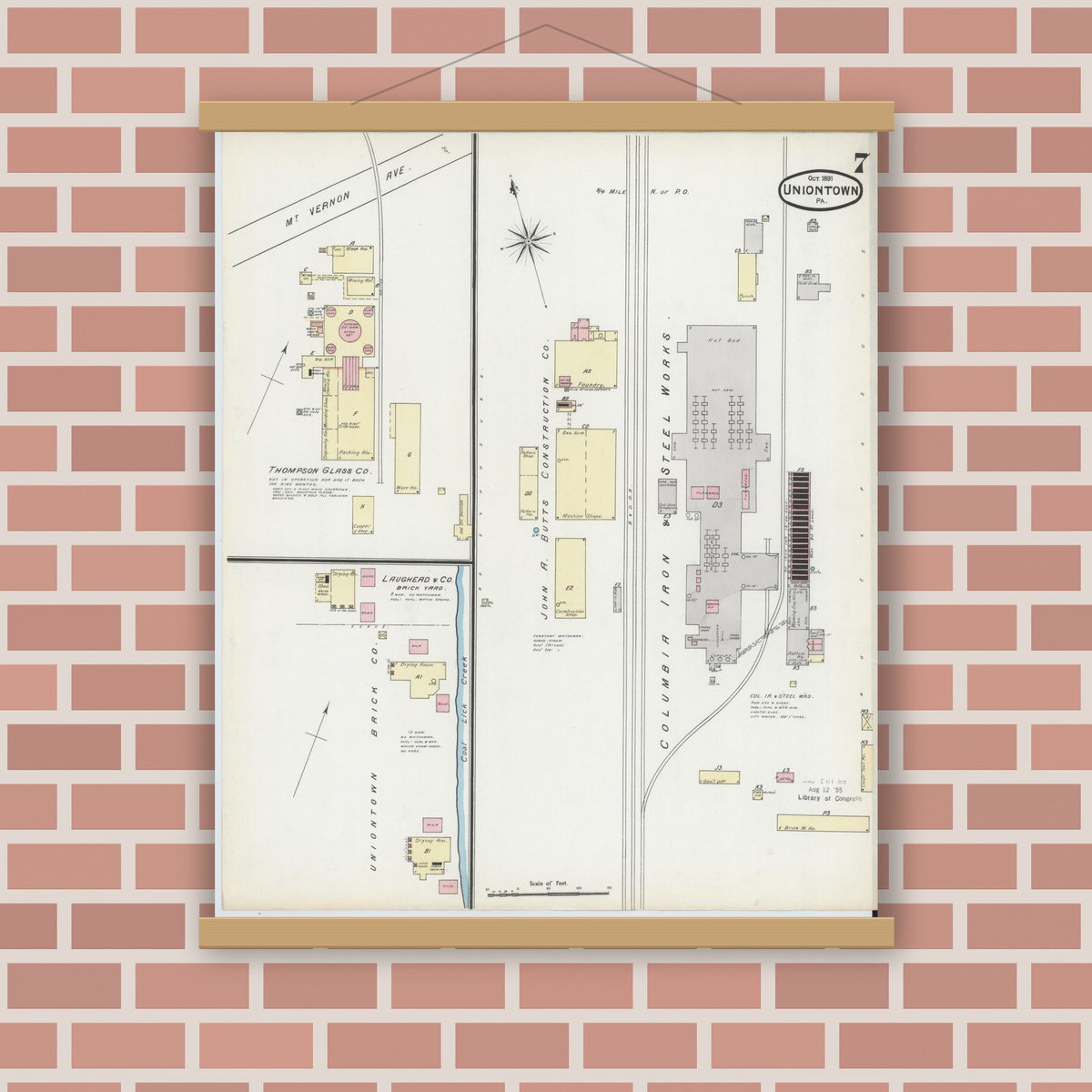 Old map wall art mockup — magnetic wood frame on brick wall — Sanborn Fire Insurance Map from Uniontown, Fayette County, Pennsylvania (1891), Sheet #0007