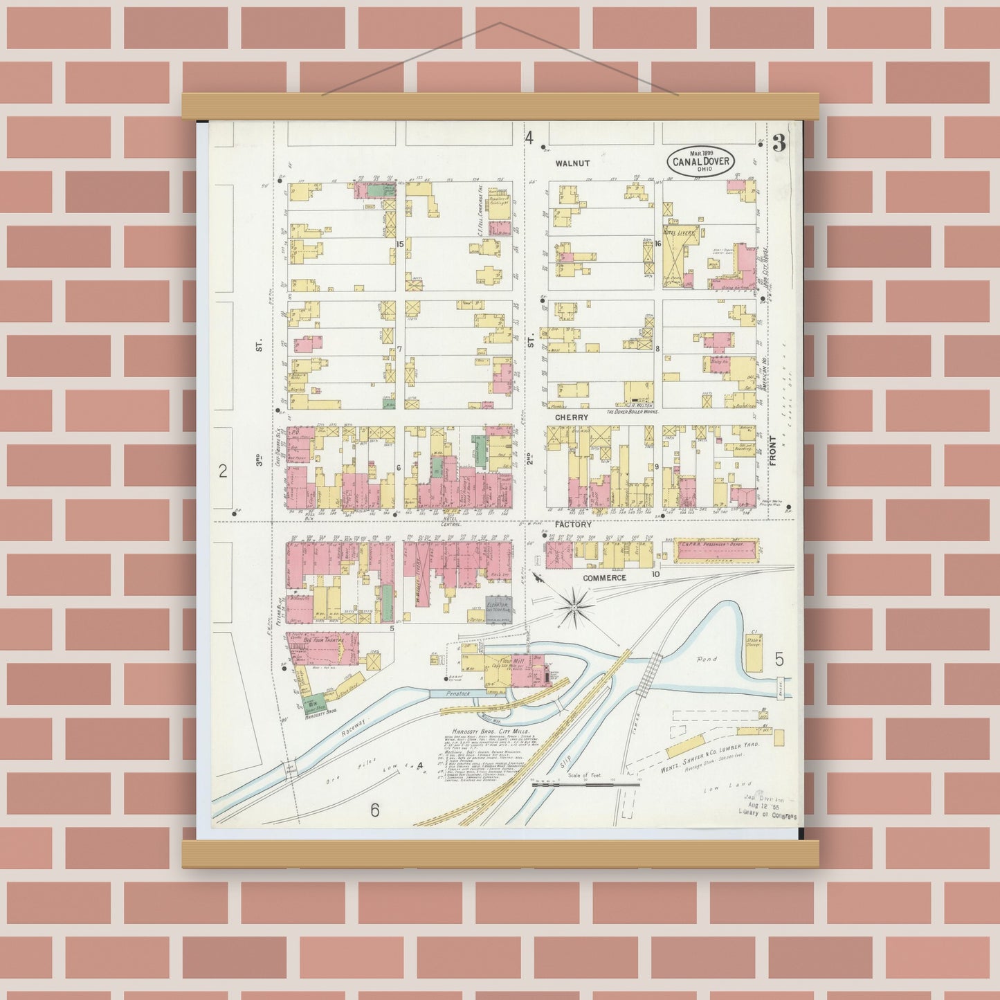 Old map wall art mockup — magnetic wood frame on brick wall — Sanborn Fire Insurance Map from Canal Dover, Tuscarawas County, Ohio (1899), Sheet #0003