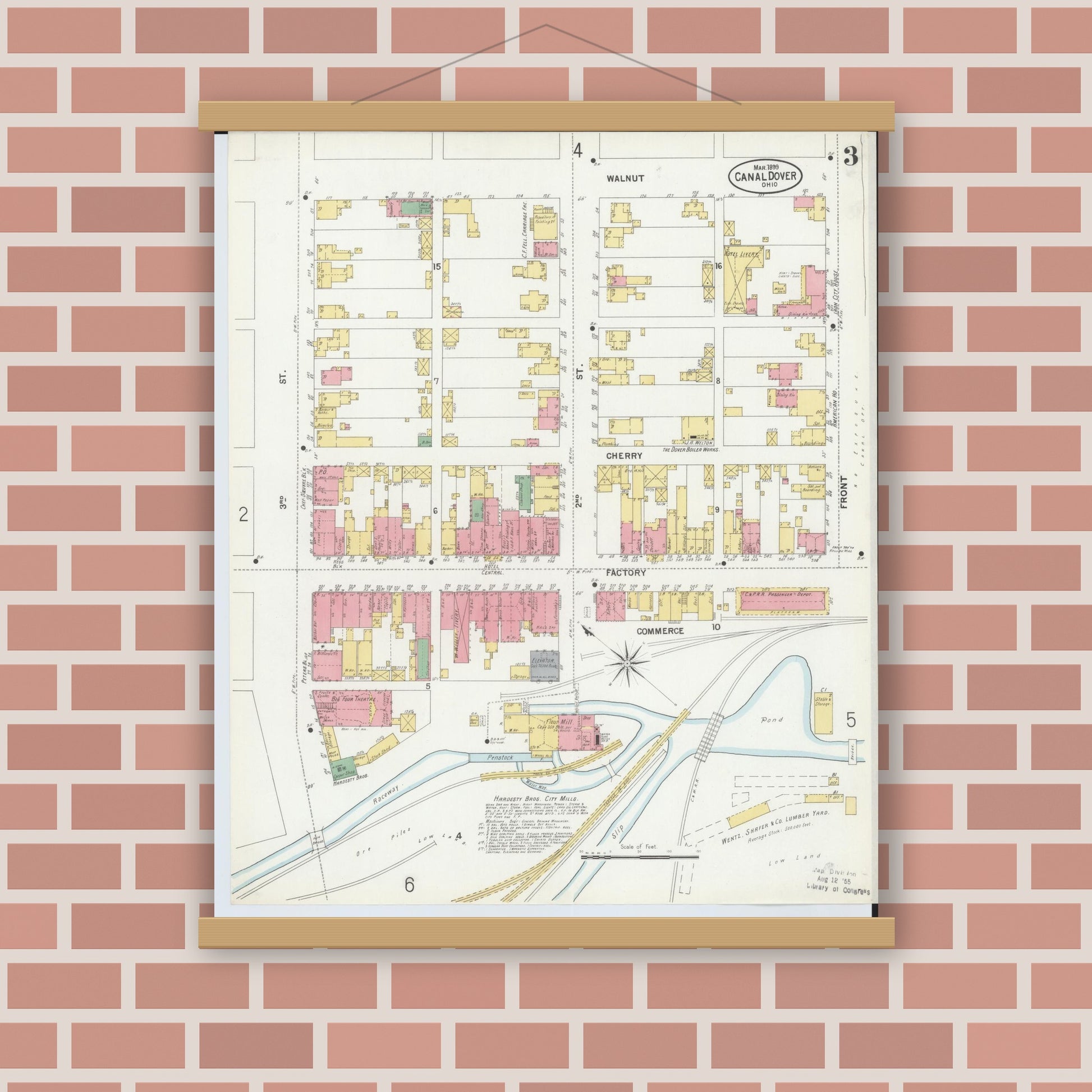 Old map wall art mockup — magnetic wood frame on brick wall — Sanborn Fire Insurance Map from Canal Dover, Tuscarawas County, Ohio (1899), Sheet #0003