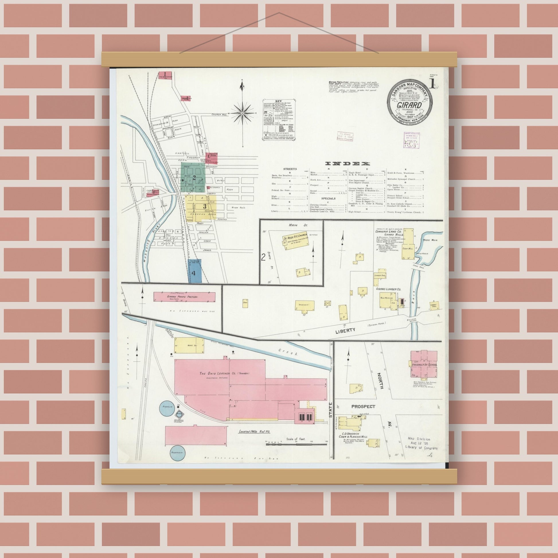 Old map wall art mockup — magnetic wood frame on brick wall — Sanborn Fire Insurance Map from Girard, Trumbull County, Ohio (1907), Sheet #0001