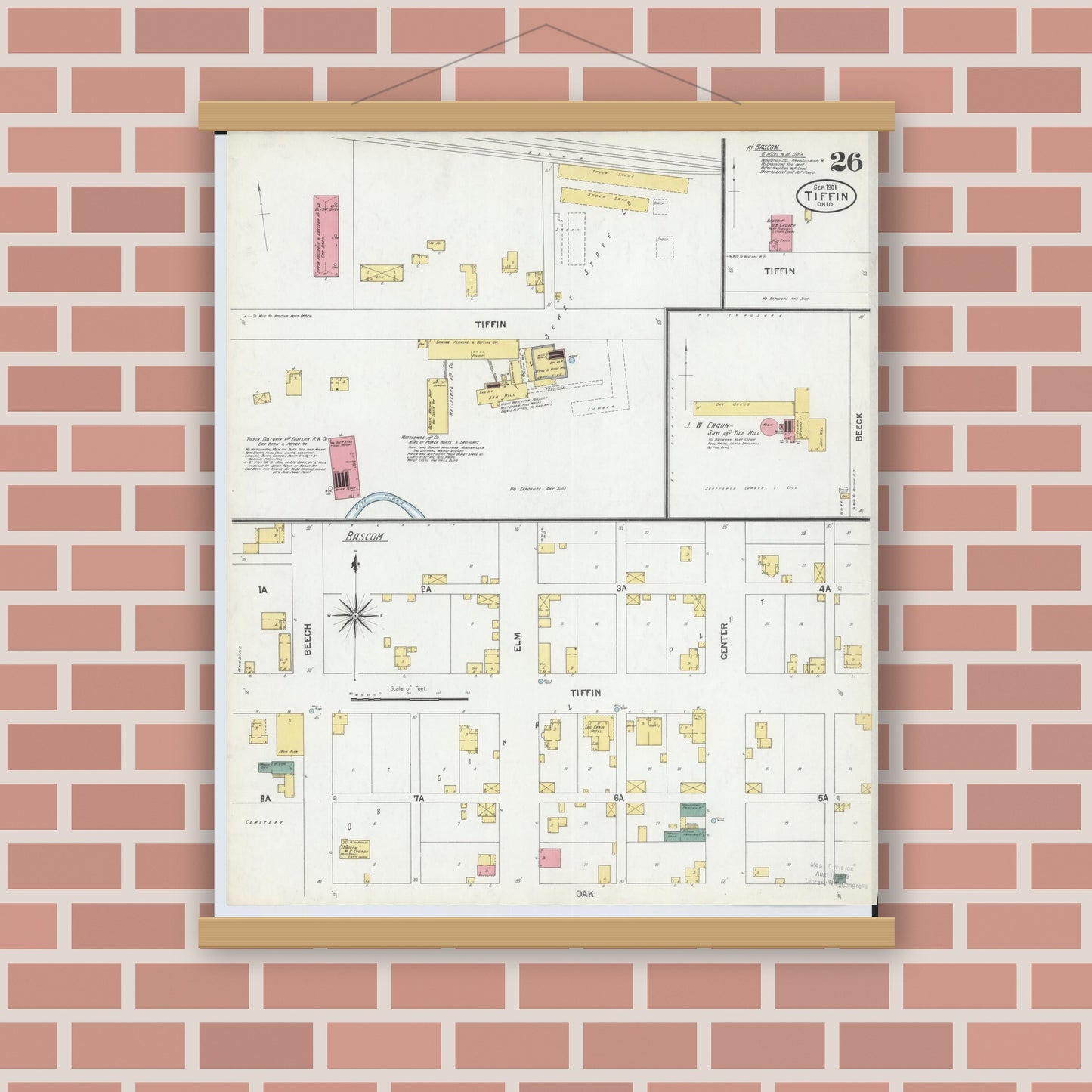 Old map wall art mockup — magnetic wood frame on brick wall — Sanborn Fire Insurance Map from Tiffin, Seneca County, Ohio (1901), Sheet #0026