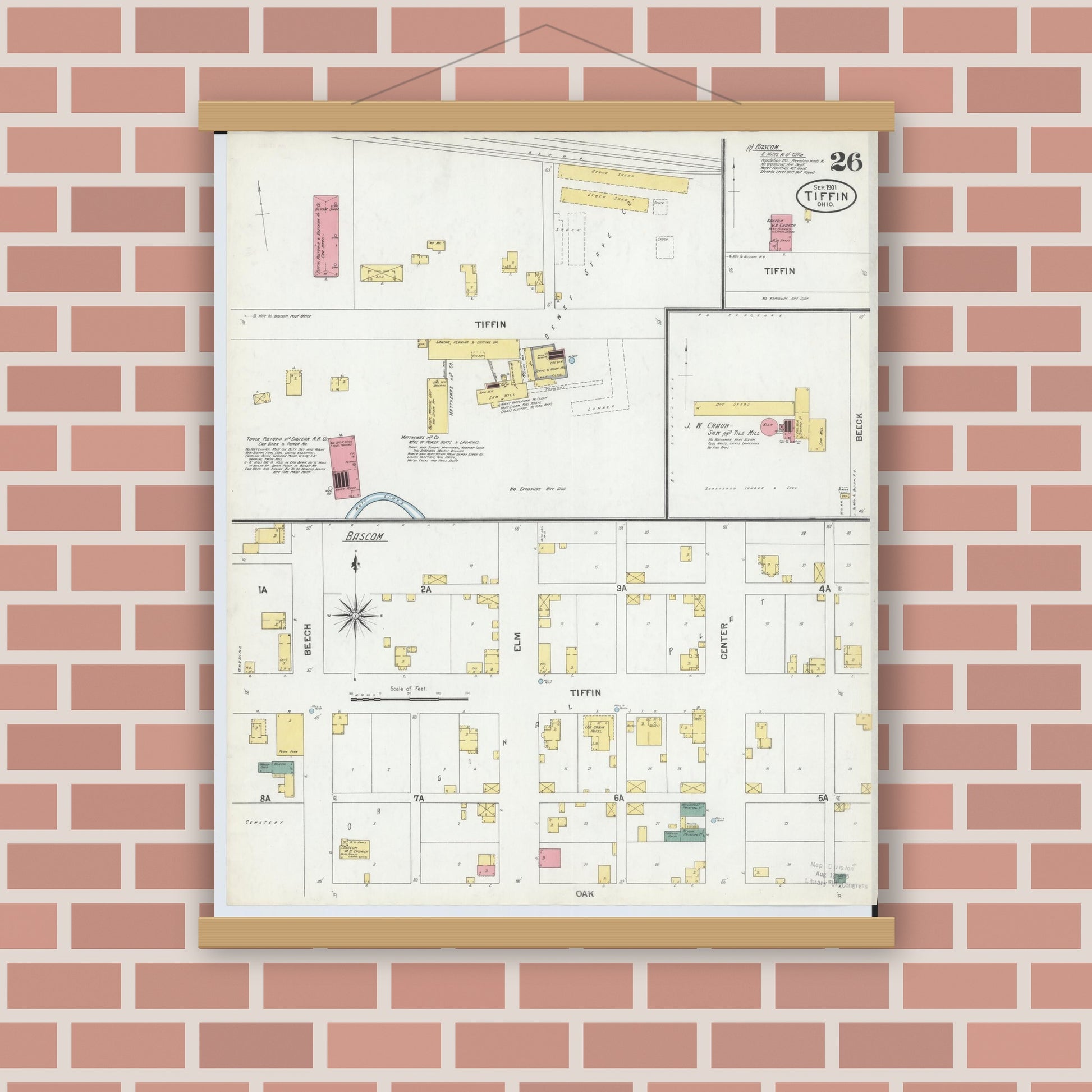 Old map wall art mockup — magnetic wood frame on brick wall — Sanborn Fire Insurance Map from Tiffin, Seneca County, Ohio (1901), Sheet #0026
