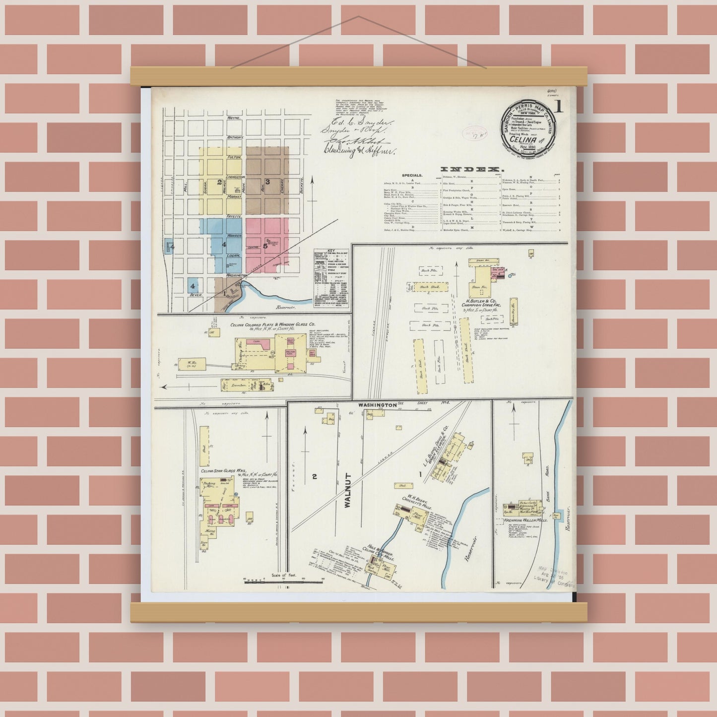 Old map wall art mockup — magnetic wood frame on brick wall — Sanborn Fire Insurance Map from Celina, Mercer County, Ohio (1890), Sheet #0001