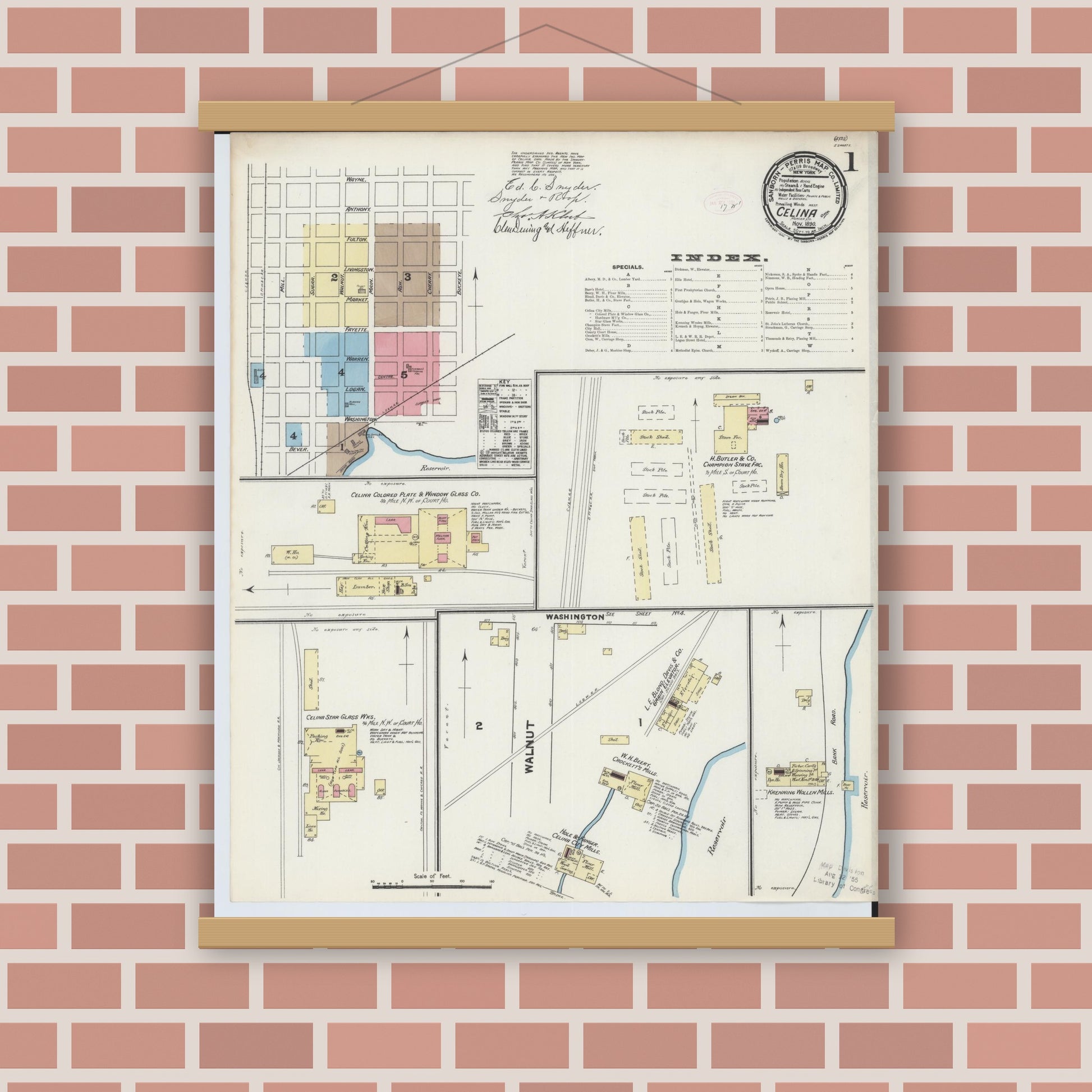 Old map wall art mockup — magnetic wood frame on brick wall — Sanborn Fire Insurance Map from Celina, Mercer County, Ohio (1890), Sheet #0001