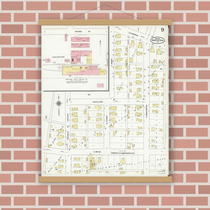 Old map wall art mockup — magnetic wood frame on brick wall — Sanborn Fire Insurance Map from Montpelier, Blackford County, Indiana (1910), Sheet #0009