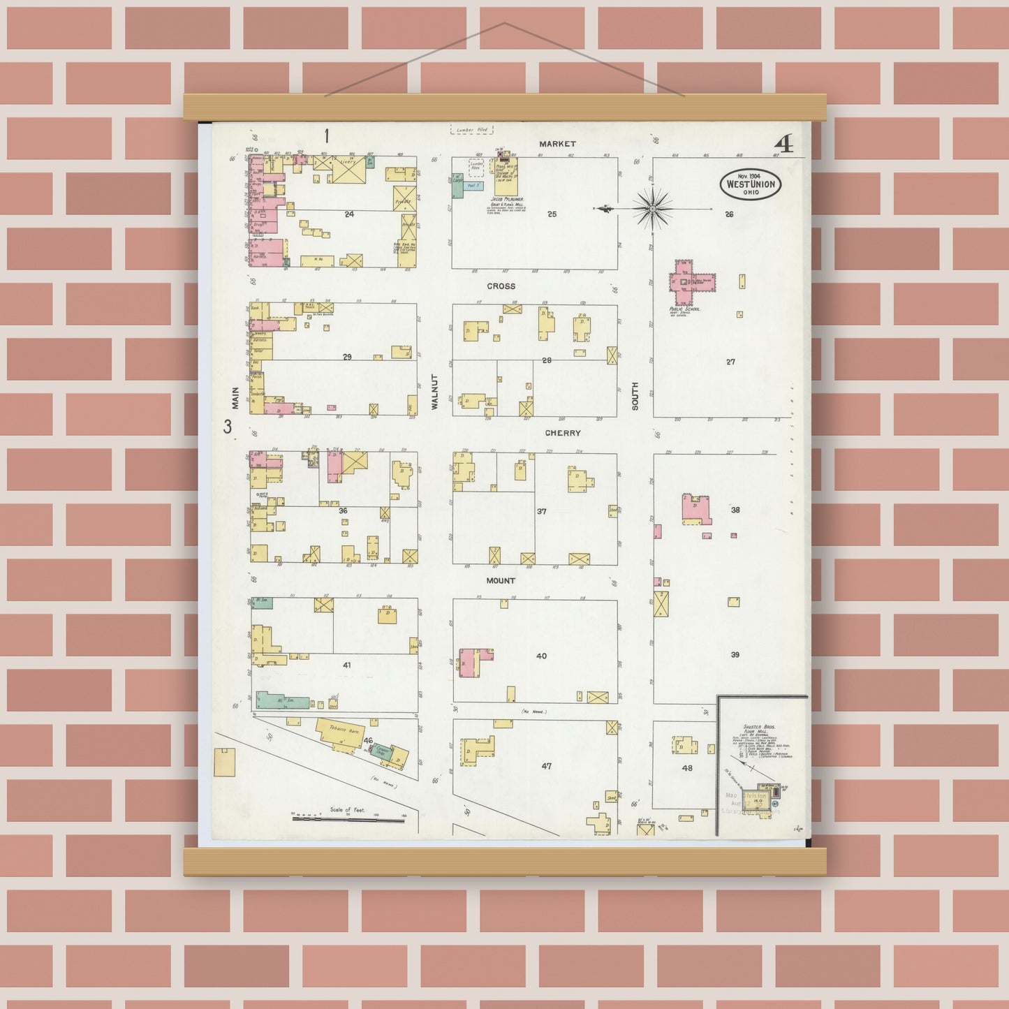 Old map wall art mockup — magnetic wood frame on brick wall — Sanborn Fire Insurance Map from West Union, Adams County, Ohio (1904), Sheet #0004