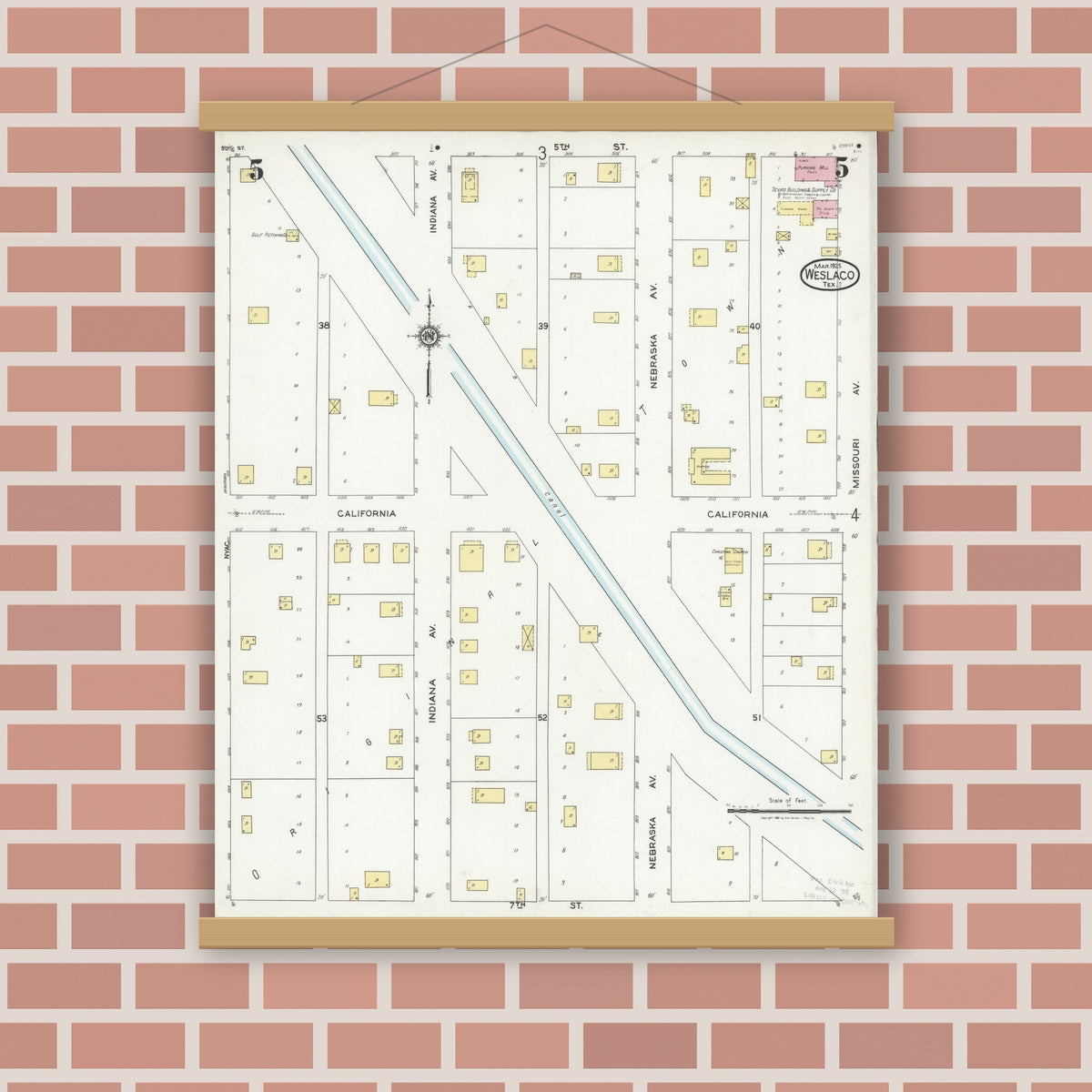 Old map wall art mockup — magnetic wood frame on brick wall — Sanborn Fire Insurance Map from Weslaco, Hidalgo County, Texas (1925), Sheet #0005