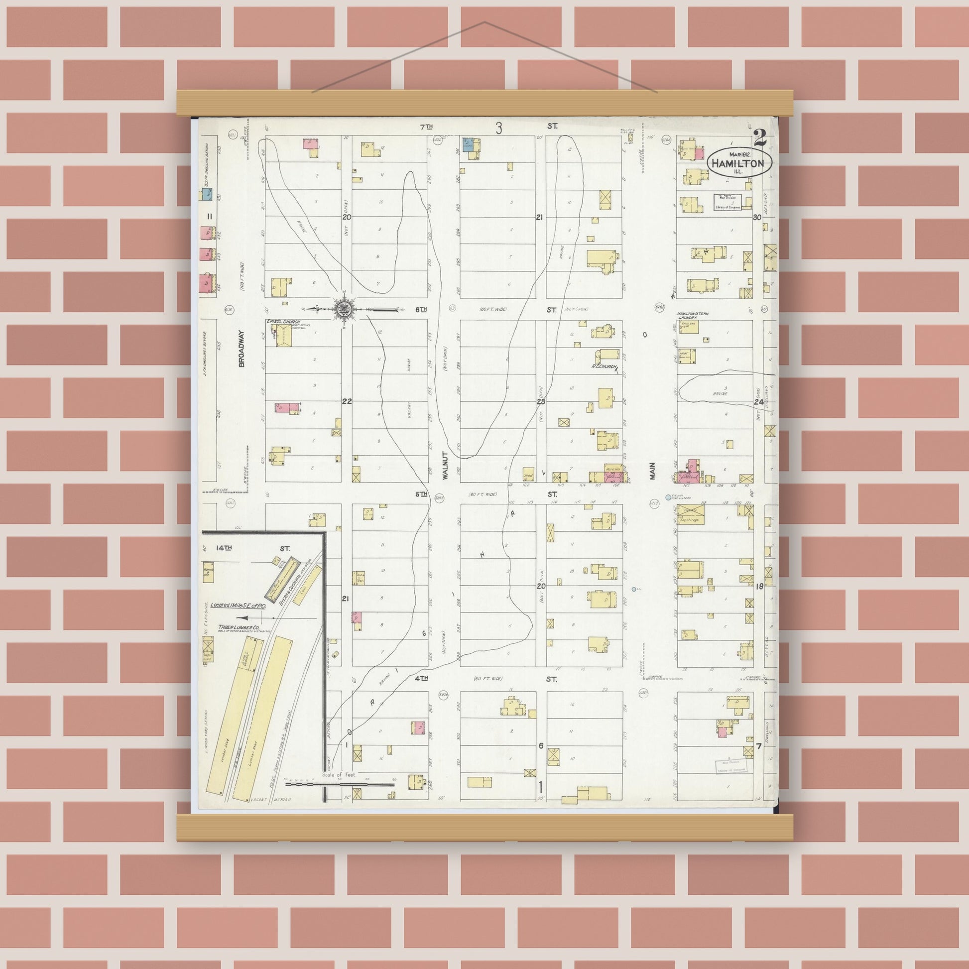 Old map wall art mockup — magnetic wood frame on brick wall — Sanborn Fire Insurance Map from Hamilton, Hancock County, Illinois (1912), Sheet #0002