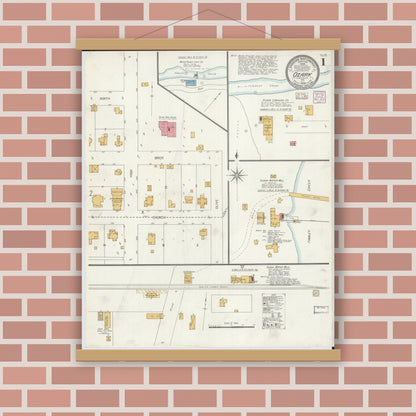 Old map wall art mockup — magnetic wood frame on brick wall — Sanborn Fire Insurance Map from Ozark, Christian County, Missouri (1906) - Complete Map Set