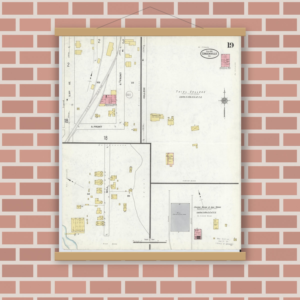 Old map wall art mockup — magnetic wood frame on brick wall — Sanborn Fire Insurance Map from Greenville, Mercer County, Pennsylvania (1911), Sheet #0019