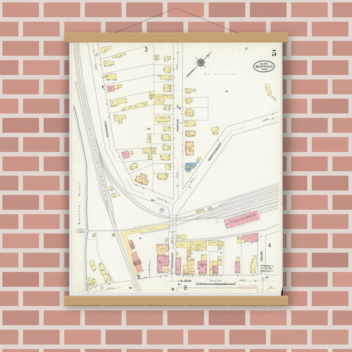 Old map wall art mockup — magnetic wood frame on brick wall — Sanborn Fire Insurance Map from Westfield, Hampden County, Massachusetts (1910), Sheet #0005