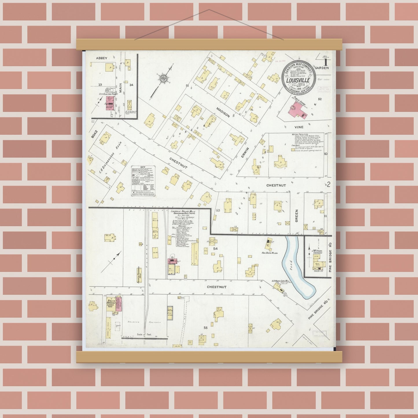 Old map wall art mockup — magnetic wood frame on brick wall — Sanborn Fire Insurance Map from Louisville, Clay County, Illinois (1910) - Complete Map Set