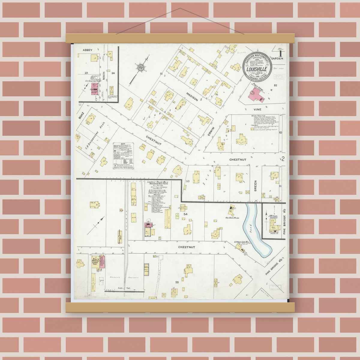 Old map wall art mockup — magnetic wood frame on brick wall — Sanborn Fire Insurance Map from Louisville, Clay County, Illinois (1910) - Complete Map Set