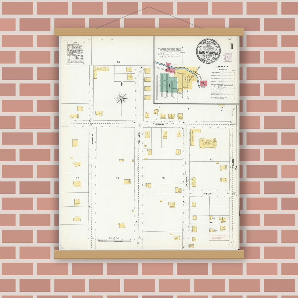 Old map wall art mockup — magnetic wood frame on brick wall — Sanborn Fire Insurance Map from Marlborough, Ulster County, New York (1905), Sheet #0001