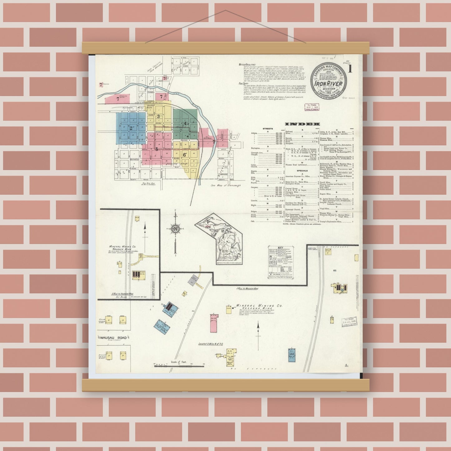 Old map wall art mockup — magnetic wood frame on brick wall — Sanborn Fire Insurance Map from Iron River, Iron County, Michigan (1913) - Complete Map Set