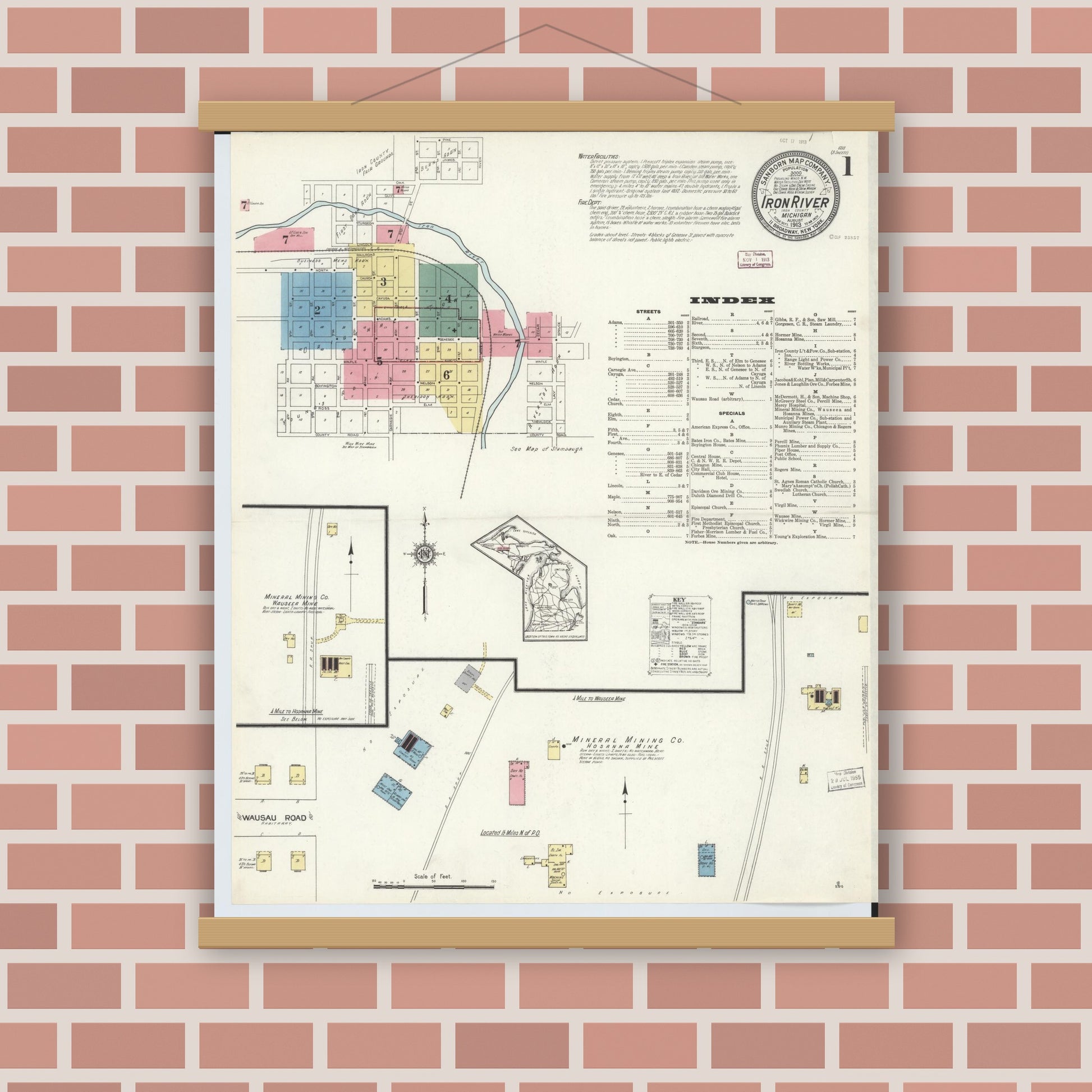 Old map wall art mockup — magnetic wood frame on brick wall — Sanborn Fire Insurance Map from Iron River, Iron County, Michigan (1913) - Complete Map Set