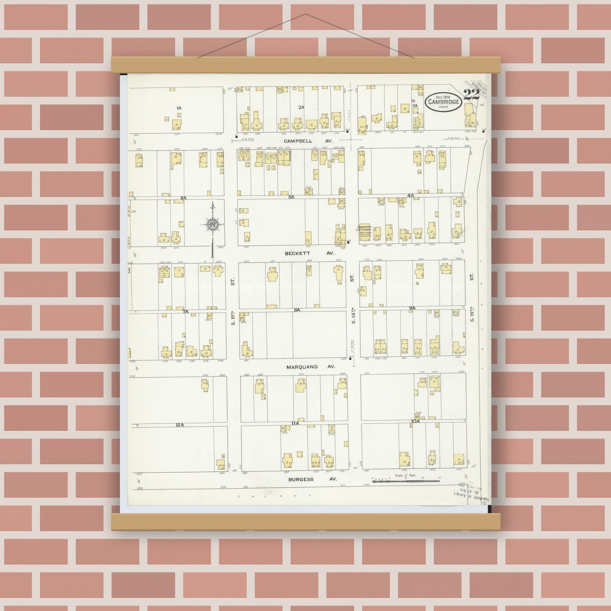 Old map wall art mockup — magnetic wood frame on brick wall — Sanborn Fire Insurance Map from Cambridge, Guernsey County, Ohio (1909), Sheet #0022
