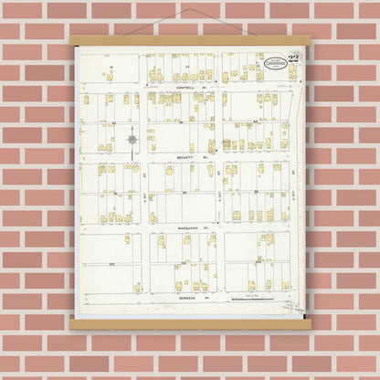 Old map wall art mockup — magnetic wood frame on brick wall — Sanborn Fire Insurance Map from Cambridge, Guernsey County, Ohio (1909), Sheet #0022