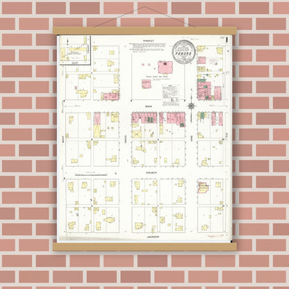 Old map wall art mockup — magnetic wood frame on brick wall — Sanborn Fire Insurance Map from Panora, Guthrie County, Iowa (1909), Sheet #0001