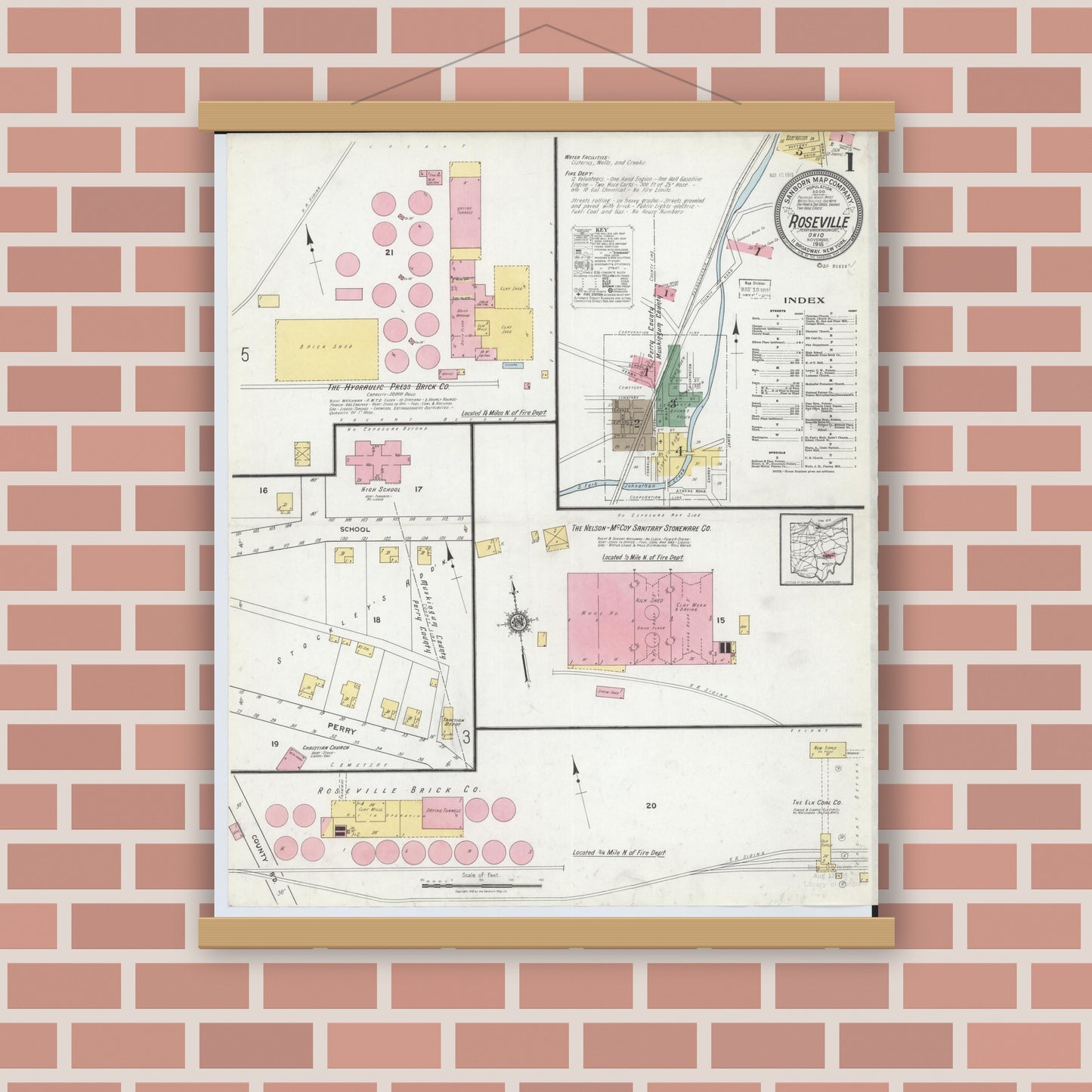 Old map wall art mockup — magnetic wood frame on brick wall — Sanborn Fire Insurance Map from Roseville, Perry And Muskingum Counties, Ohio (1918), Sheet #0001